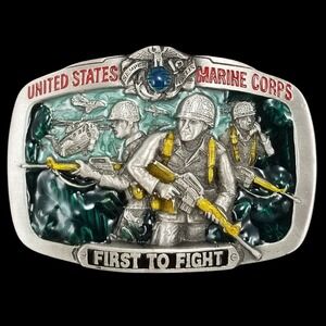 United States Marine Corps First‎ to Fight Belt Buckle USMC Vintage 1982 Pewter